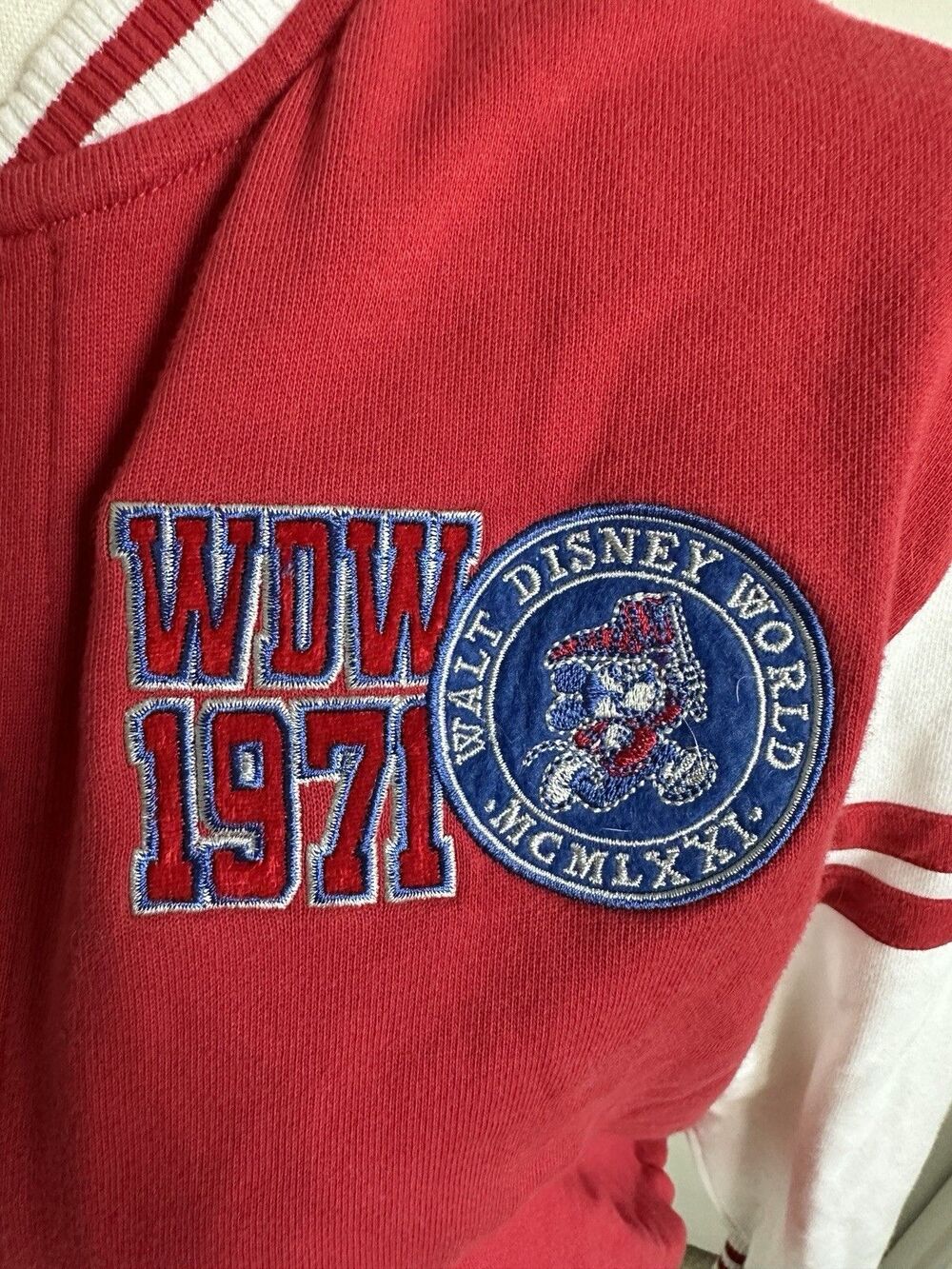 Walt Disney World 71 Mickey Mouse #1 Fan Varsity Jacket Red White Youth XL Retro - Picture 2 of 11